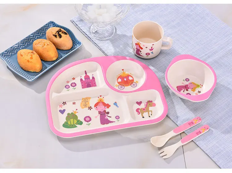 
Elliptical divided compartment Cartoon biodegradable children tableware set, bamboo fiber dinnerware 