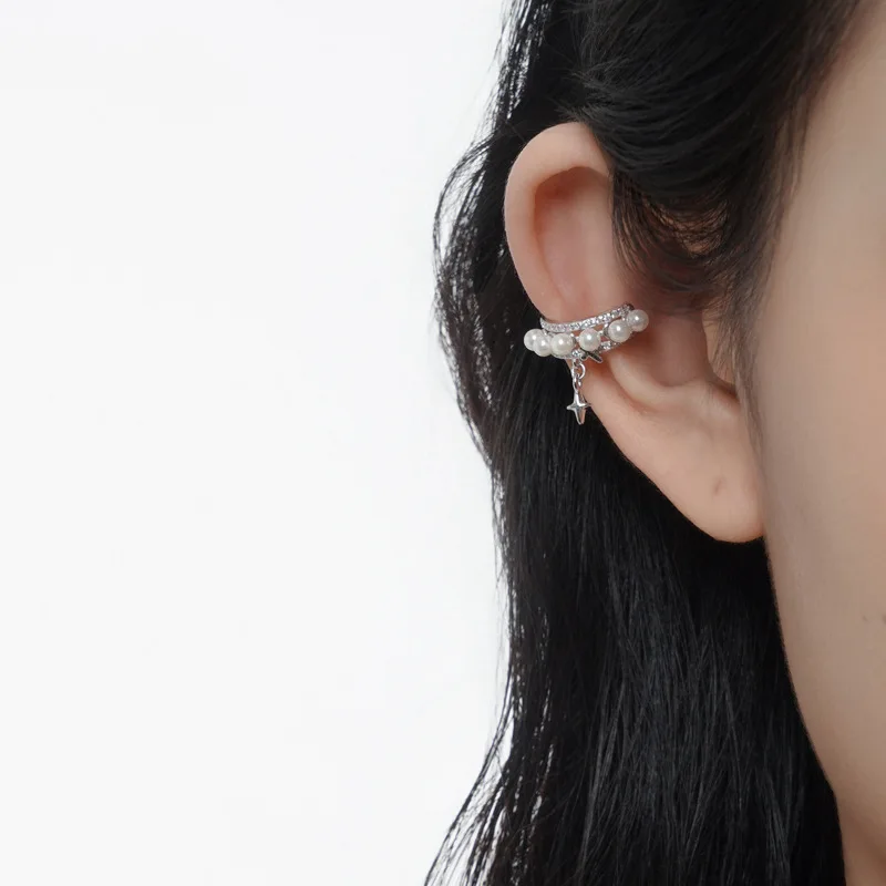 E5261 New Chinese ethnic minority S925 sterling silver shell pearl ear clip female without ear piercing National texture ear