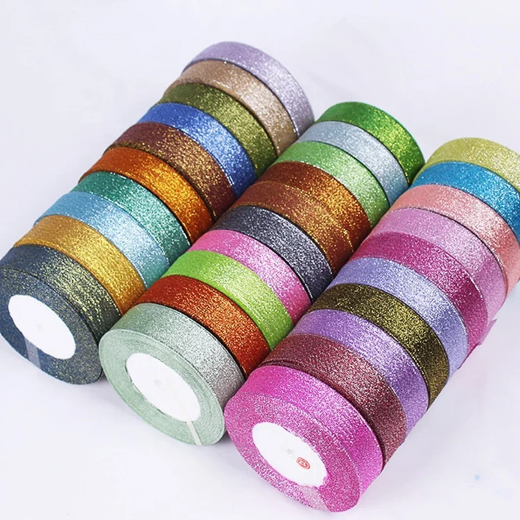 Wholesale 25mm 1 Inch Satin Metallic Glitter Ribbon Colorful Fabric Polyester Gift Package Party Decoration Single Face Style