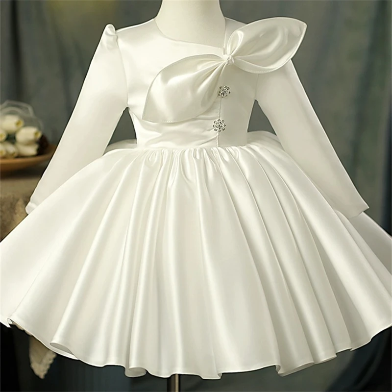 Child Girls Latest Design Wedding Dress Spring Autumn Long Sleeve Princess White Elegant Ball Gown Kids Puffy Dresses