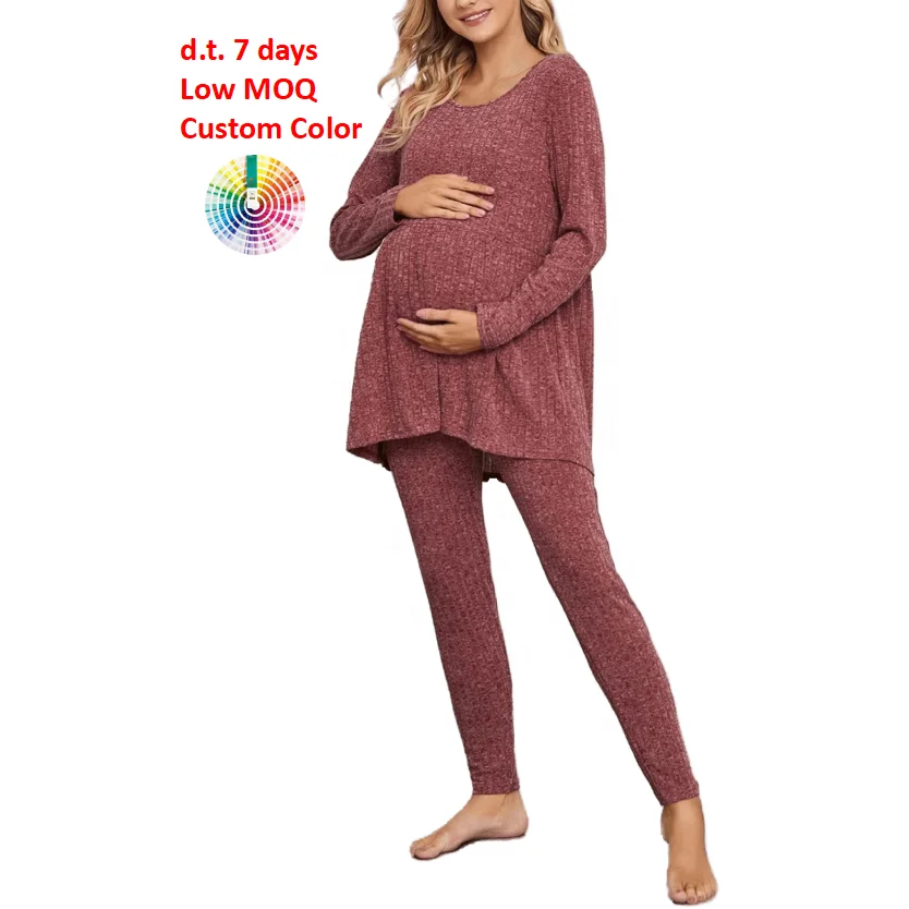 
M046 Long Sleeve Ruffle Hem Top and Sweatpants Loungewear Pajama Maternity Pant Set 
