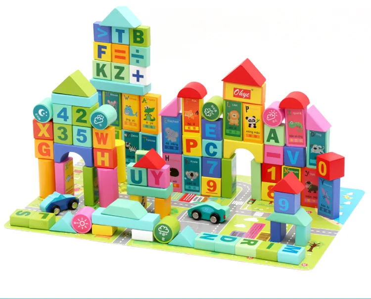100-piece Zoo Wooden Building Blocks Toy Set Education Wooden Toys for Kid Classic Hardwood Colored Wood Block Pieces for Toddle