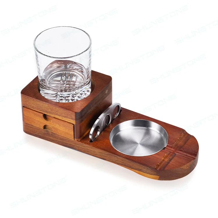 Wholesale High Quality Wooden Cigar Ashtray Accessories Set With Whiskey Glass Cup Novelty Gift Set For Men