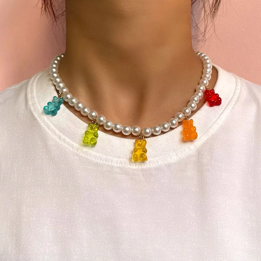 New Bohemian Beach Party Travel Jewelry Trendy Elegant White Pearl Choker Necklaces Gummy Bear Pendant Necklace For Women Girls
