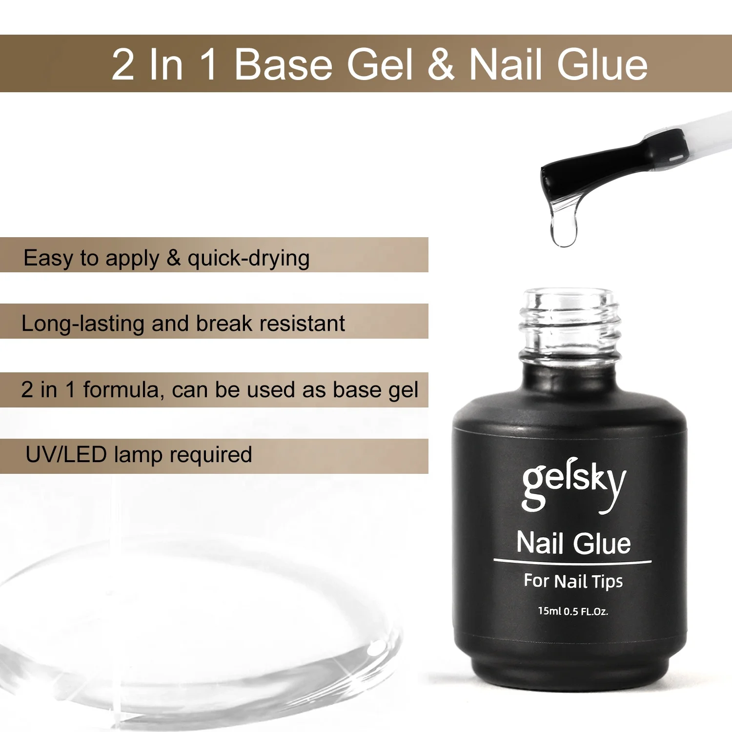 Gelsky Nail Art Base Gel Glue 2in1 Multi Purpose Nail Glue Gel Solid Nail Tips Glue Gel