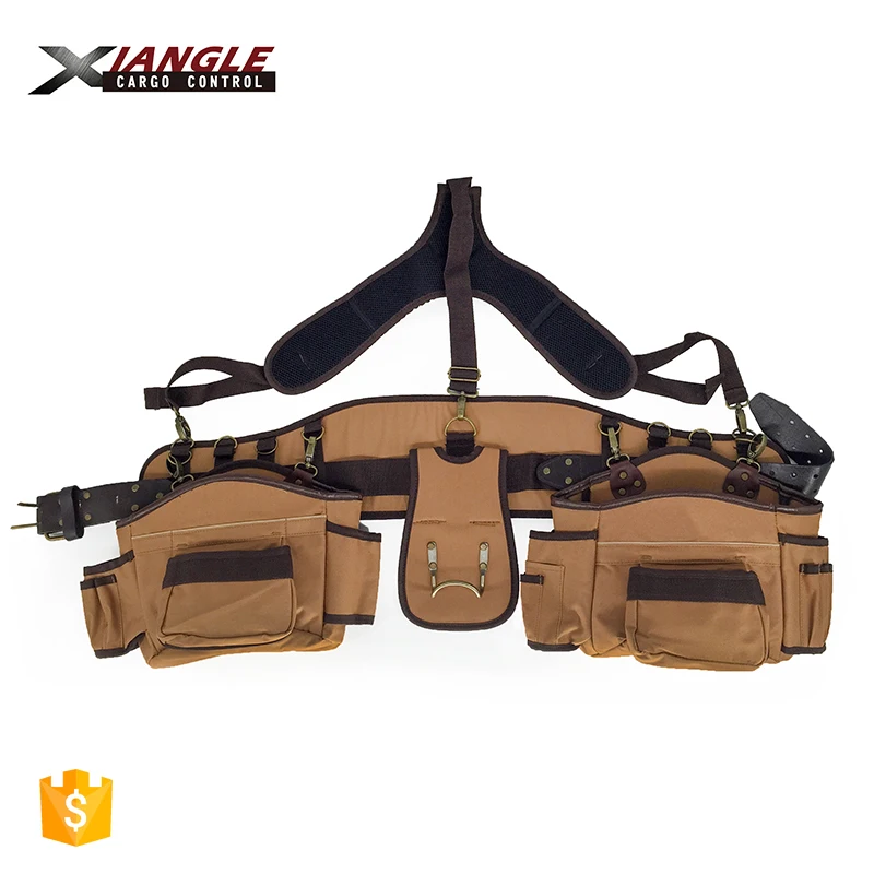 
10 pocket double pouch leather storage pouch electric Heavy duty 2 bag tool belt with suspenders waist tool belt bags 