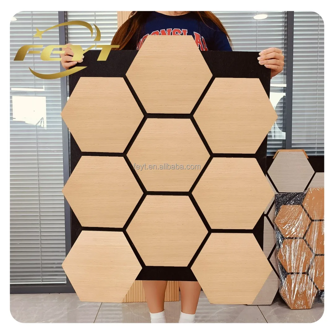 FEYT Interior Home Decoration Hexagon MDF Wood Veneer Slat Wood Wall Panels Sheets Acoustic Panels