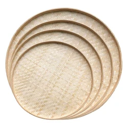 4pcs Woven Bamboo Tray Basket Round Flat Shallow Basket Wall Art Ornament for DIY Drying Food Fruit Basket Kitchen Wall Hanging