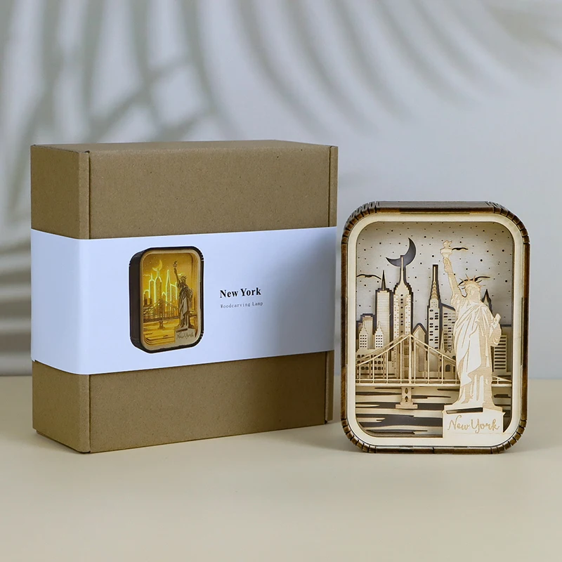 Home Decor Luxury Custom City Landscape Wood Frames LED Night Light Wooden Lighting Desk Lamp 3D Nightlight Christmas Gift Items