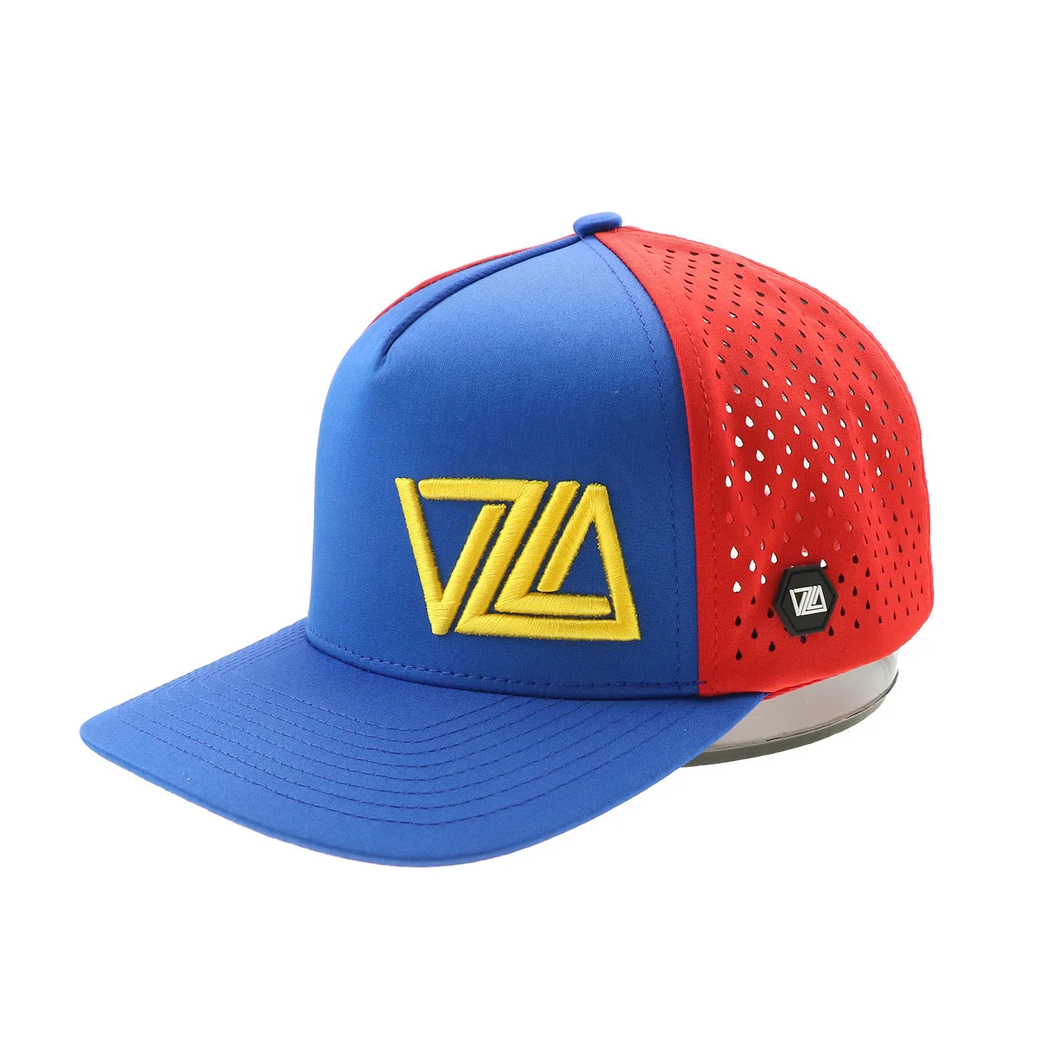 Custom 5 Panel Rubber Patch 3D Embroidery Logo Laser Cut Drilled Hole Perforated Hat Two Color Red/Navy Blue Baseball Cap