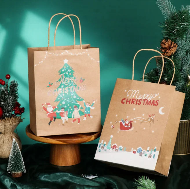 Hot selling premium paper packaging holiday recycled kraft paper bag takeout christmas paper bag