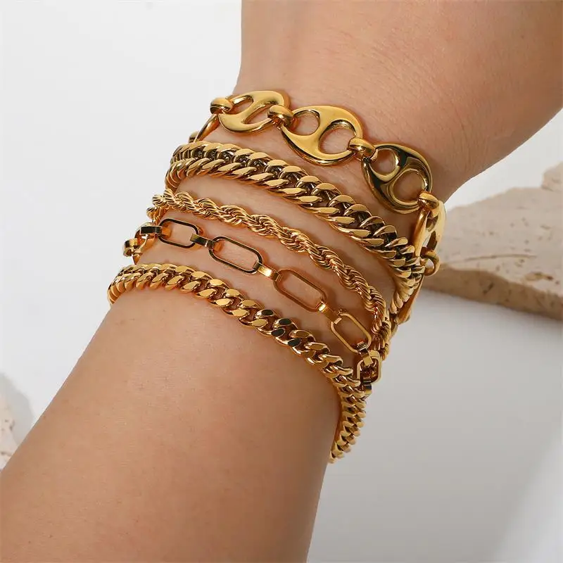 Wholesale Miami Cuban Chain Bracelet Bangle Flat Snake Stacking 18K Gold Plated Stainless Steel Link Bracelet For Women Jewelry