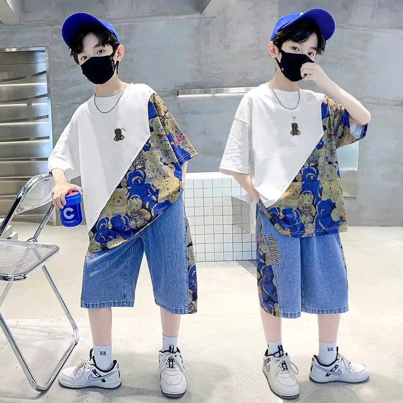 Summer Fashion Clothing Sets 2pcs Short Sleeves T-shirt and Jeans Shorts Suit for 13-14 Years Old Teen Child Kids Boys