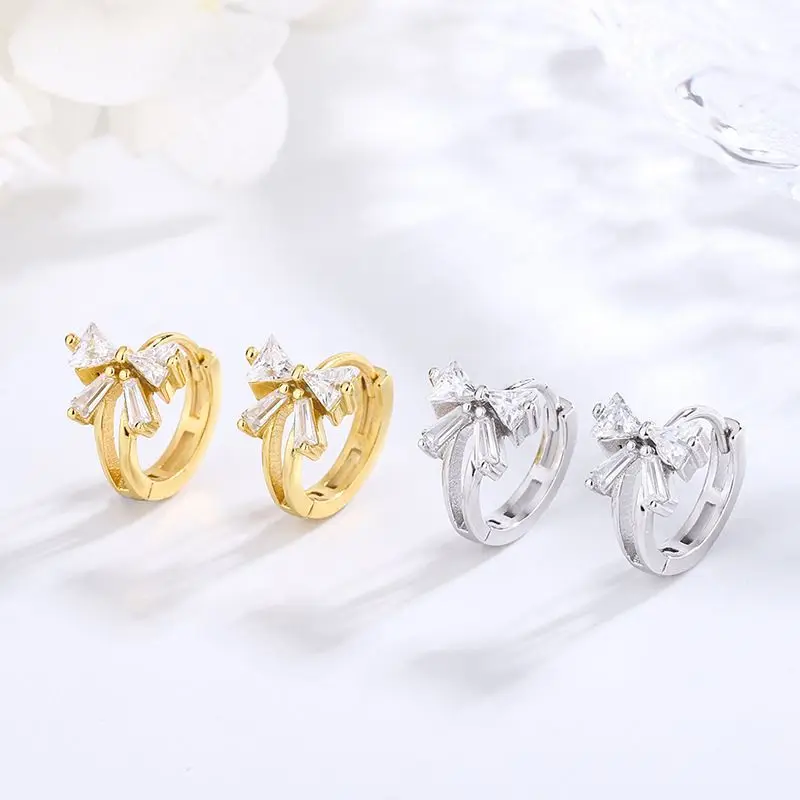 Fine Jewelry Bulk Wholesale 925 Sterling Silver Small Silver Gold Filled Earrings Bow Hoop Diamond Earrings