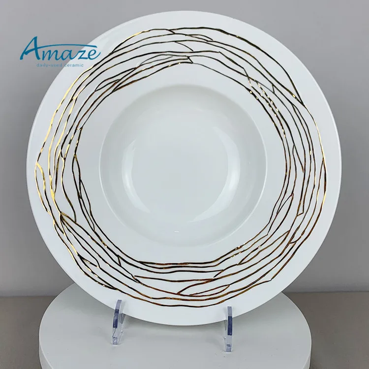 Dishwasher safe bright white minimalistic catering dinnerware dish gold rim decor restaurant salad pasta ceramic porcelain plate