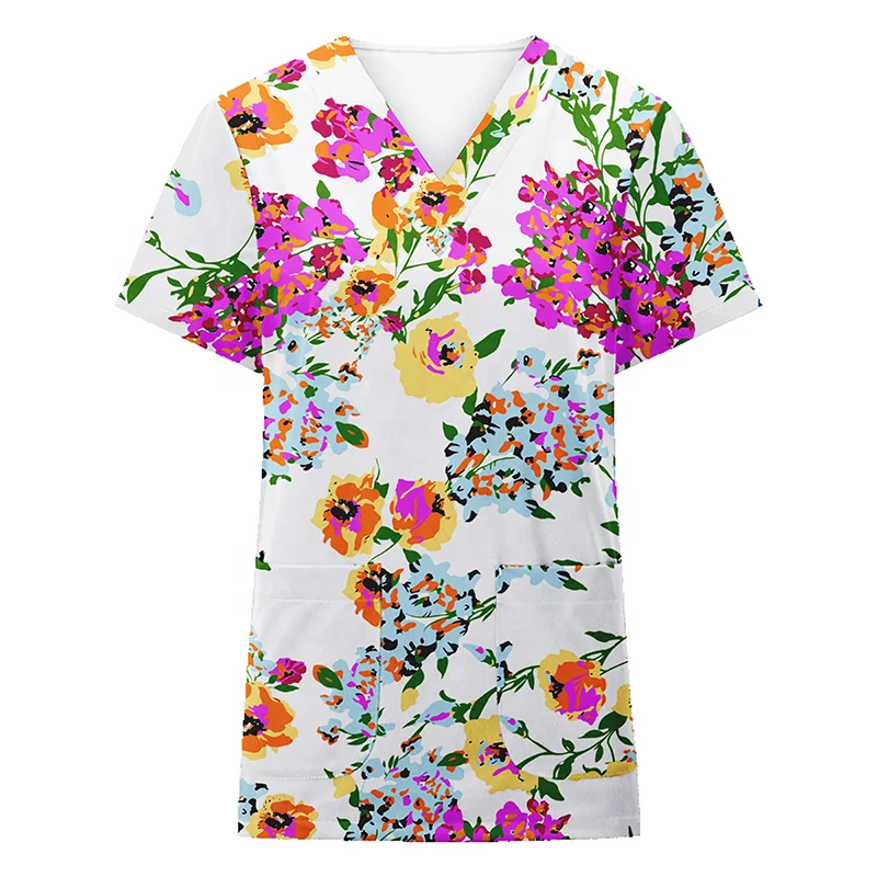 Wholesale custom floral print designing nursing scrubs tops hospital uniforms medical scrubs nurse