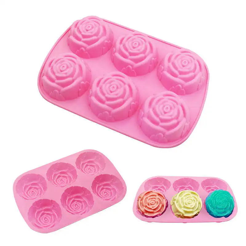 High Quality 6 Cavity Silicone baking pan chocolate mold rose shape buddy moon cake mold kitchen tool