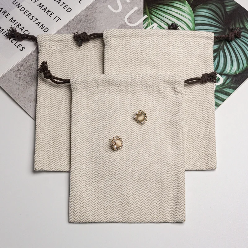 Custom Logo Recyclable High Quality Herringbone Cotton Drawstring Dust Packaging Bag Jewelry Gift Pouch