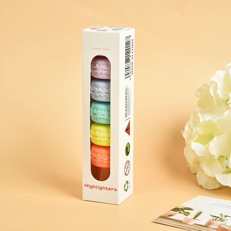 Macaron 6-Color Mini Multicolor Soft Tip round Highlighter Pen Set Creative Brush with Flat Oblique Plastic Material School Use