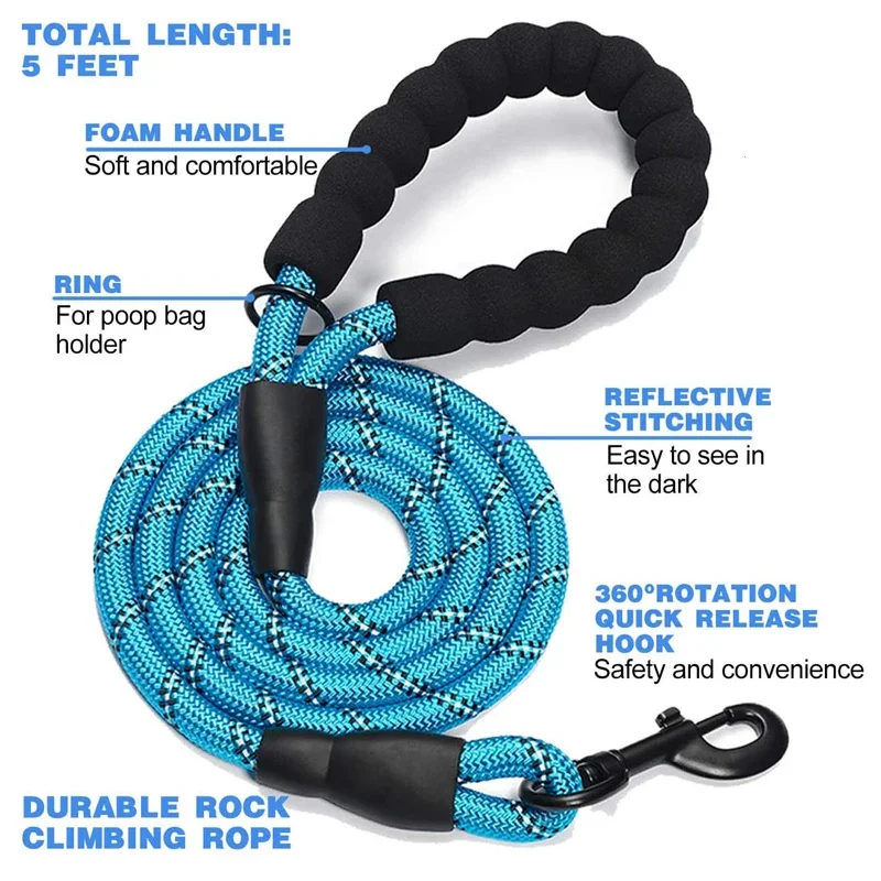 5ft Heavy Duty Pet Reflective Training Tracking Nylon Rope Pet Dog Lead Dog Leash