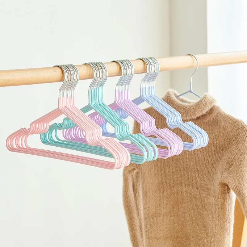 wholesale hotel kids coat boutique colored mental clothes hanger with plastic wrapping non slip wire hanger