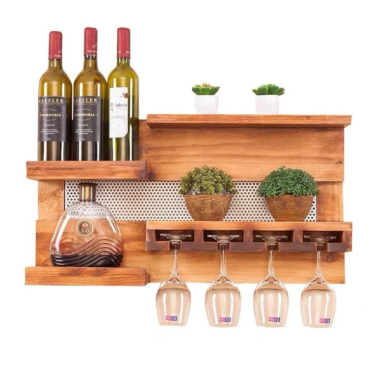 Factory Sale Walnut Color Wall-Mounted Wine Shelf Bamboo Bottle Wooden Glass Holder