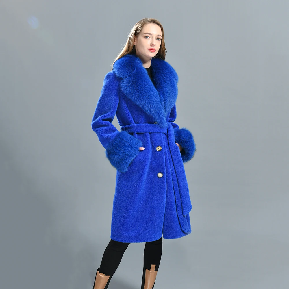 Women Winter Thick Warm Long Khaki Lamb Fur Skin Double Face Leather Coat Customize Long Shearling Coat Women