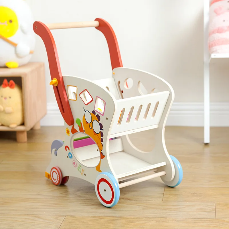 Wooden Baby Walker Push and Pull Doll Stroller Shopping Cart Learning Walker for Boys and Girls Sit Stand Toy forToddler