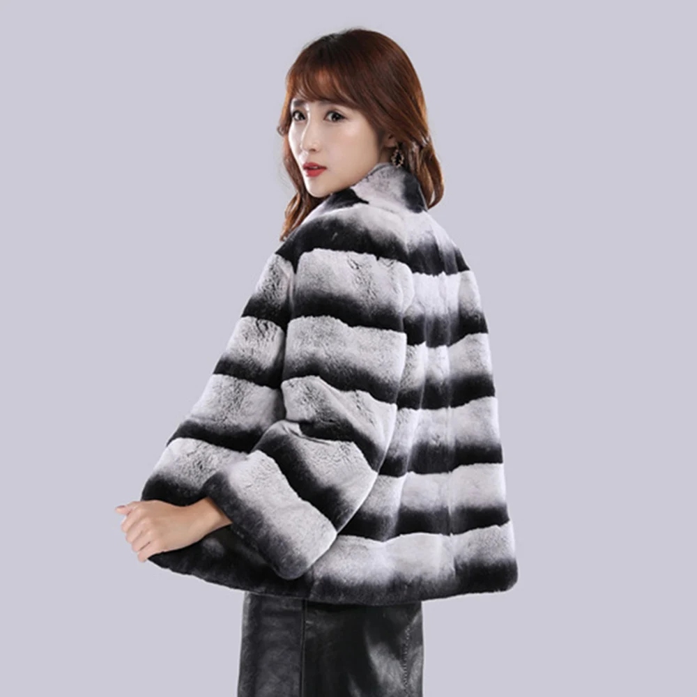 High Quality Winter Hand Made Warm Fuzzy Luxury Chinchilla Real Rabbit Fur Coat Women