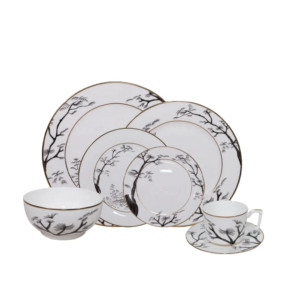Hand painted unique custom chinese flower gold rim black ceramic side plate dessert cake pl porcelain plats dinner sets