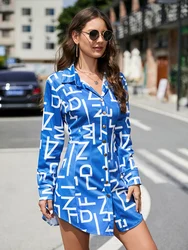 2022 Autumn and winter new fashion letters printed lapel single-breasted shirt dress wholesale
