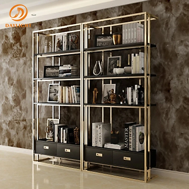 wholesale custom simple modular high end stainless steel wall golden book shelf mdf wood bookshelf for office decoration
