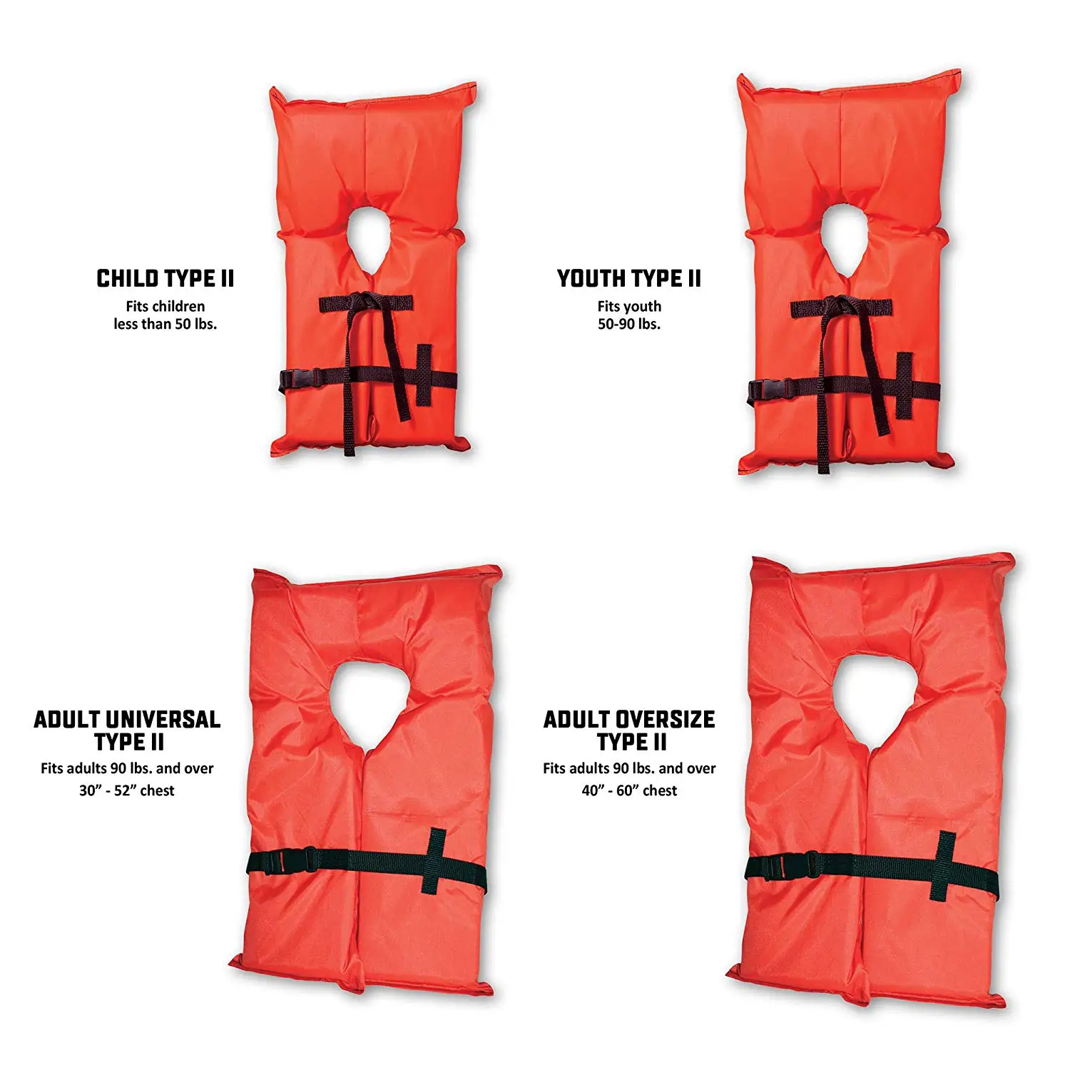 commercial rafting Type II Orange Life Jacket Vest Adult Universal or Youth Boating PFD