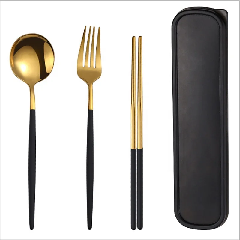 Reusable camping Cutlery Stainless Steel Metal Straw spoon fork chopsticks Portable Travel Cutlery Set with Case