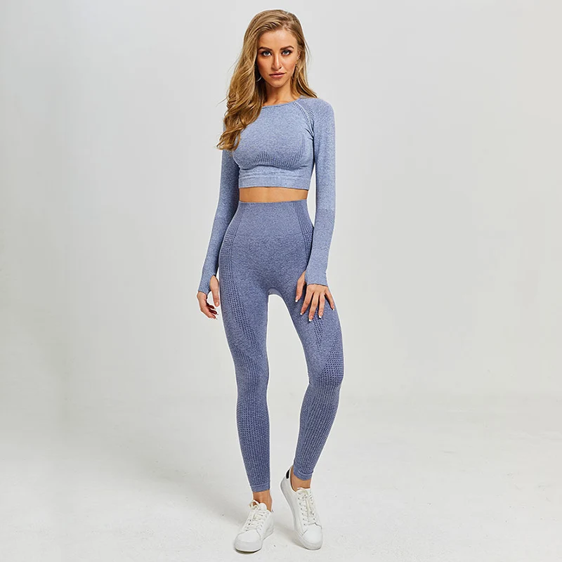
Women Seamless Yoga Set Gym Clothing Fitness Leggings+Cropped Shirts Sport Suit Women Long Sleeve Tracksuit Active Yoga Wear Set 