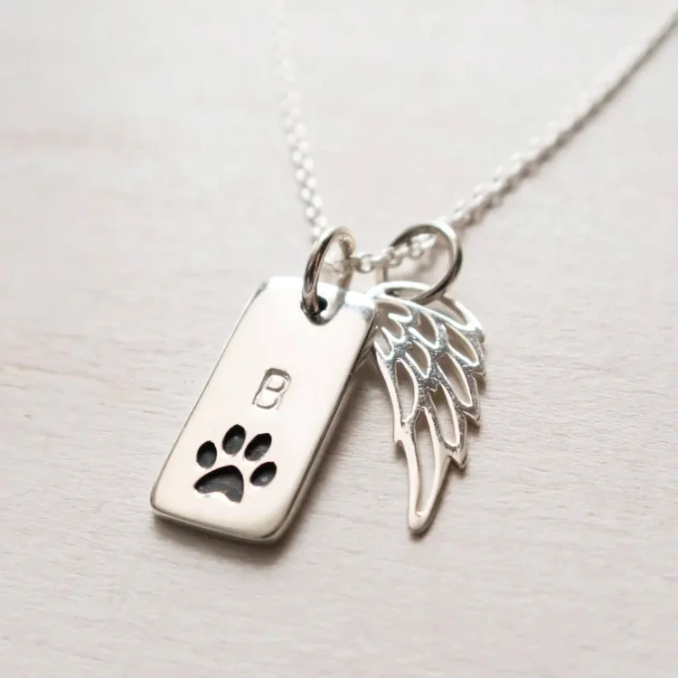 pet memorial silver jewelry paw print stamped 925 sterling silver personalized angel wing pendant necklace wholesale