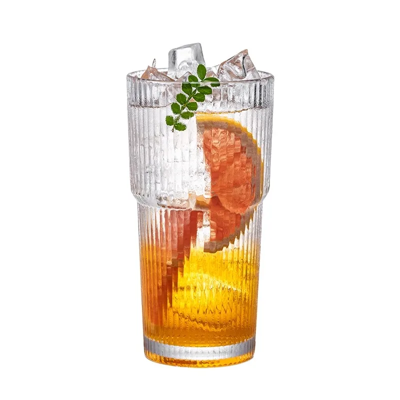 Wholesale Large Capacity Drinking Glass Tumbler Stackable Ribbed Coke Coffee Cup Striped Cocktail Water Glasses