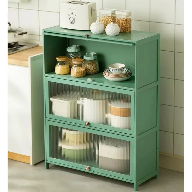 Floor Standing Dustproof Door Bamboo Kitchen Bowl Spice Dishes Organizer Storage Cabinet