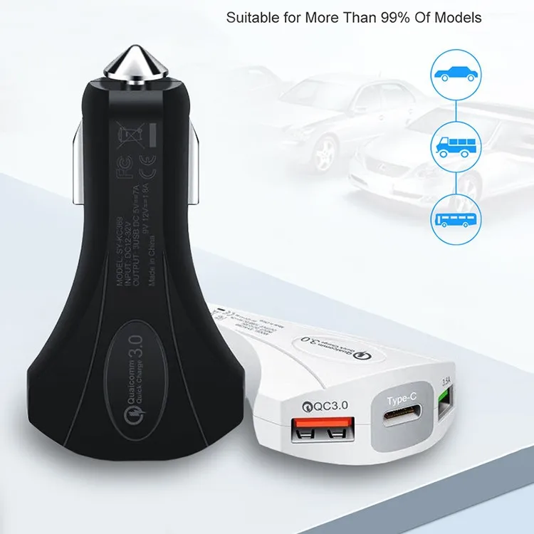 Car charger 3 Port Quick Charging 7A 35W Type c Hammer Safety QC3.0 Fast Charging Car Chargers For iphone