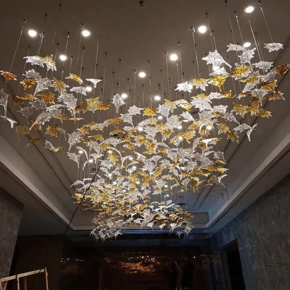 Modern Art Blown Glass Lead Chandelier Living Room Hotel Lobby Villa Hanging Pendant Lights Modern Maple Glass Leaf Chandelier