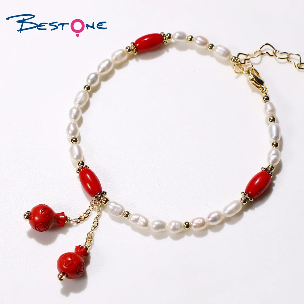 Bestone Red Sea Bamboo Beads Natural Fresh Water Pearl Bracelet with Cinnabar Lucky Bag Charm Stone