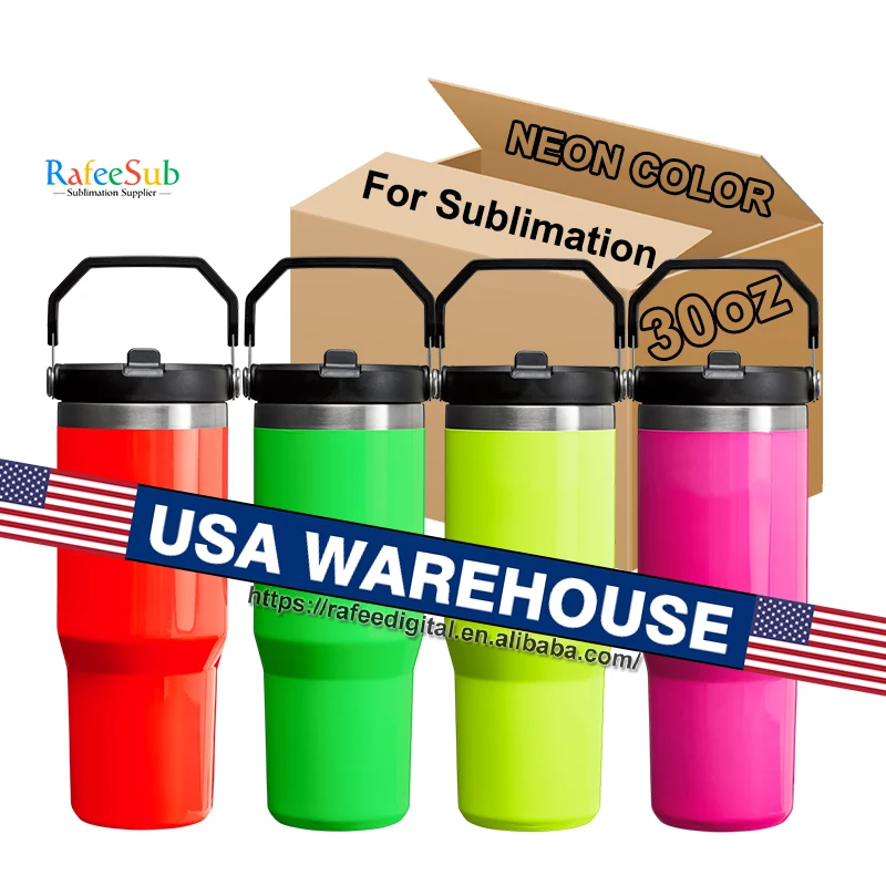 30oz 30 oz Neon Color Pink Green Yellow Orange Stainless Steel Blank Sublimation Tumbler Cup with Top Handle and Flip Straw Lid