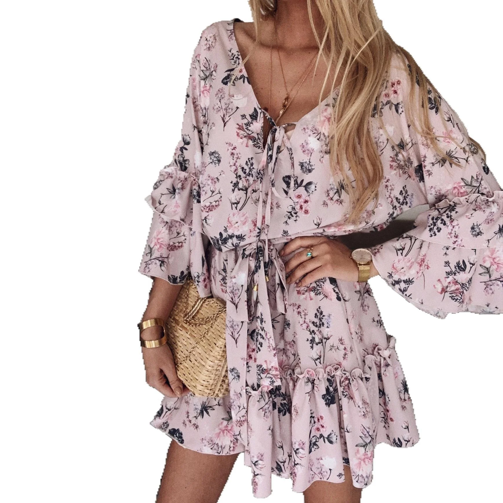 
2021 Summer Sexy Print Flared Sleeves Off-Shoulder Fitted Mini Women Chiffon Dress 