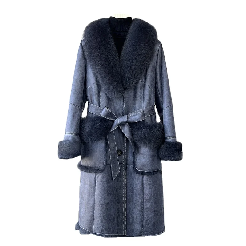 PUDI Fur Jacket Hot Sale Trench Coat CT2131 Genuine Rabbit Leather Women Warm Fox Fur Collar Female Vintage Long Knitted Thick