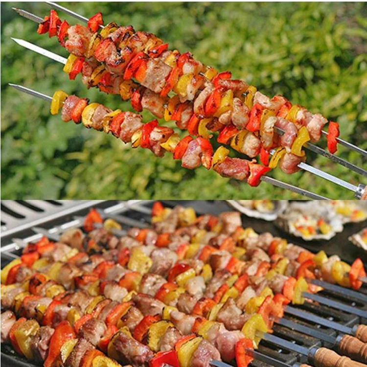 Accessories Tool Set Long Metal Kabob Skewers With Wooden Handle Stainless Steel Bbq Grill BBQ fork grill skewer