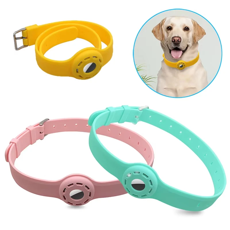 Custom Adjustable Waterproof Anti-lost GPS Cat Dog Pet Tracking Silicone Dog Collar with AirTag Holder