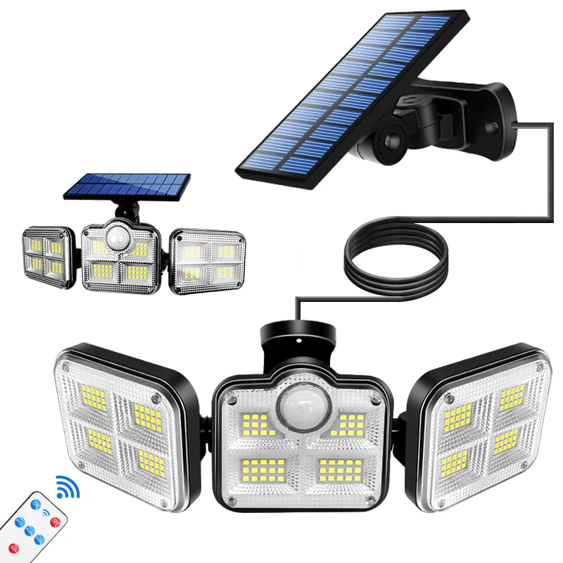 LED Solar Lights Outdoor 3 Head Motion Sensor 270 Wide Angle Illumination Waterproof Remote Control Wall Lamp