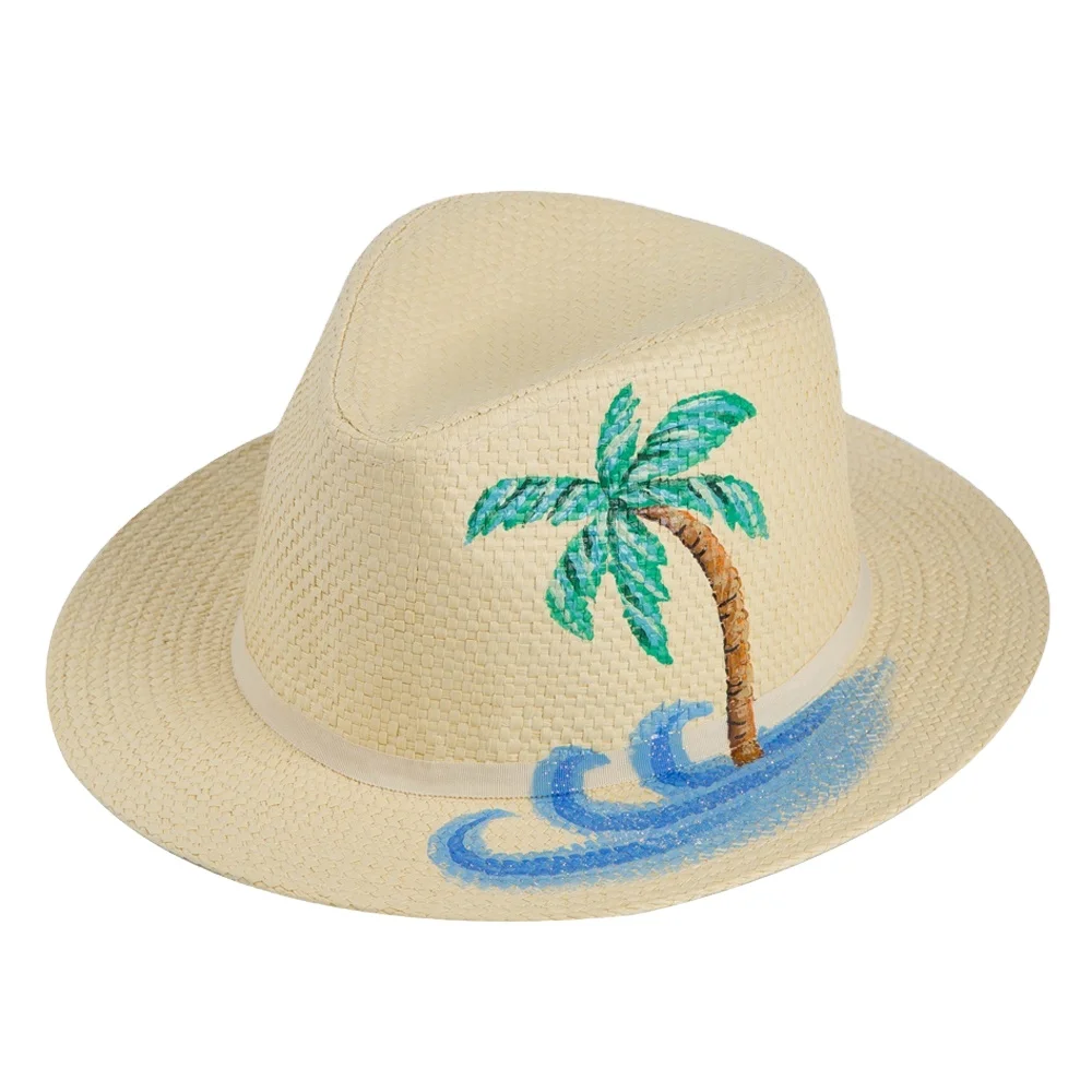 Hot Sale In Usa Market Coconut Tree Pattern Panama  New Design Summer Mens Beach Dicer Paper Straw Hat