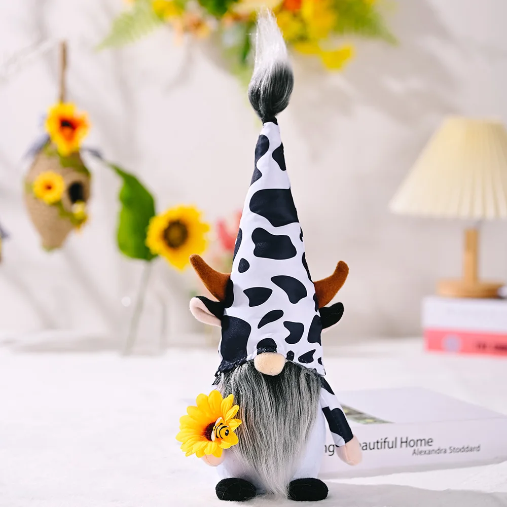 Farmhouse Cow Swedish Gnomes With Milk Bottle Nodic Plush Dairy Cattle Handmade Dolls Black and White Pattern Farm Home Decor