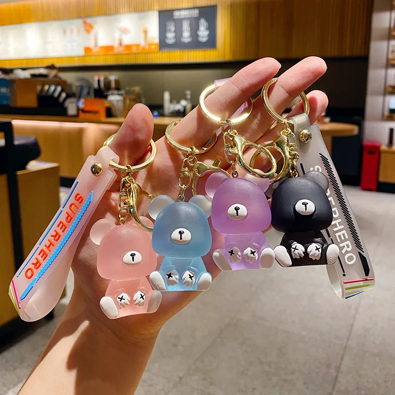 Hot Sale Trendy Car Bag Ornaments Gold Plated Key Ring Crystal Resin Sitting Cute Bear Keychains For Couple
